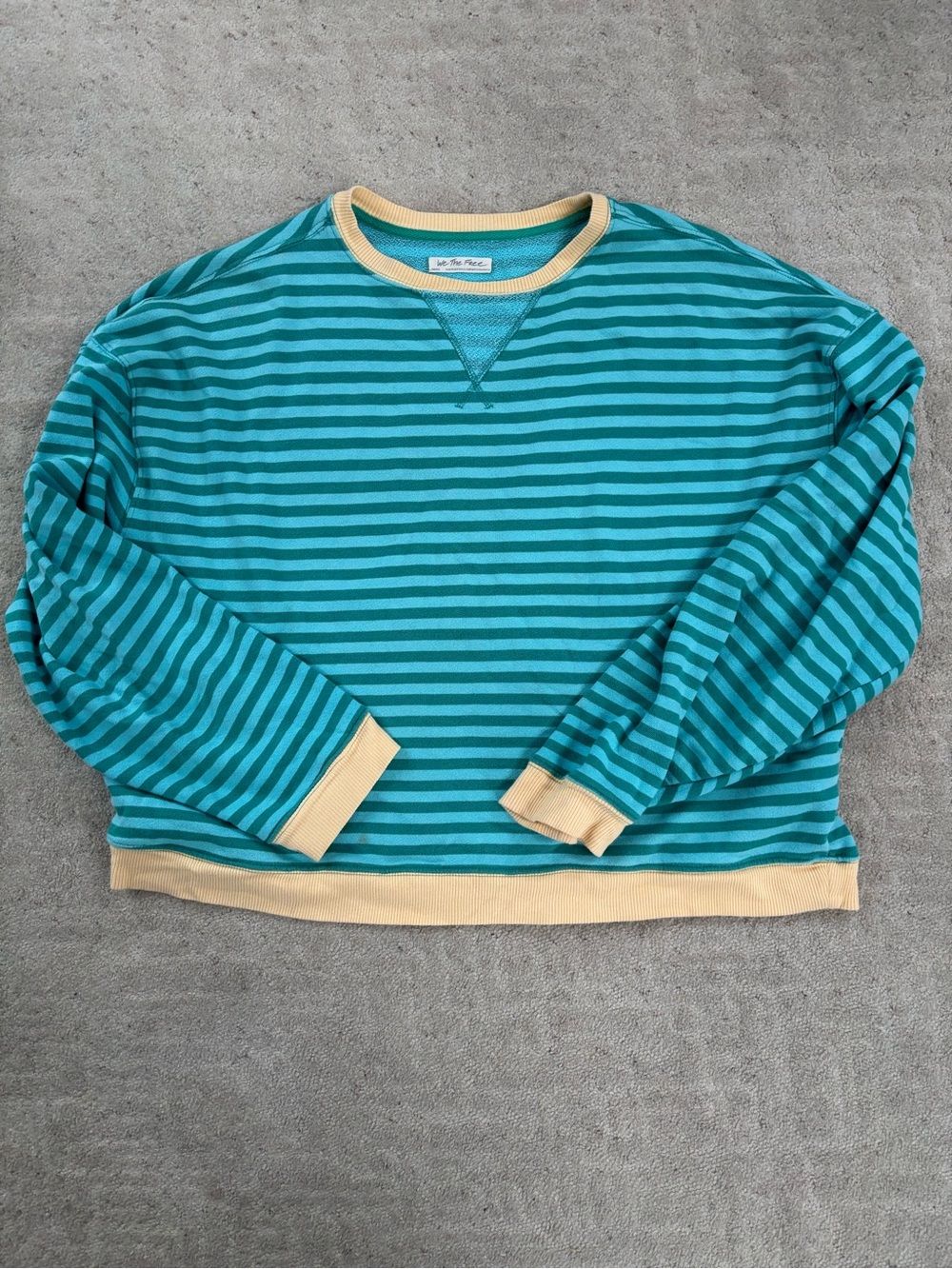 We The Free Teal and Cream Striped Crewneck Sweater